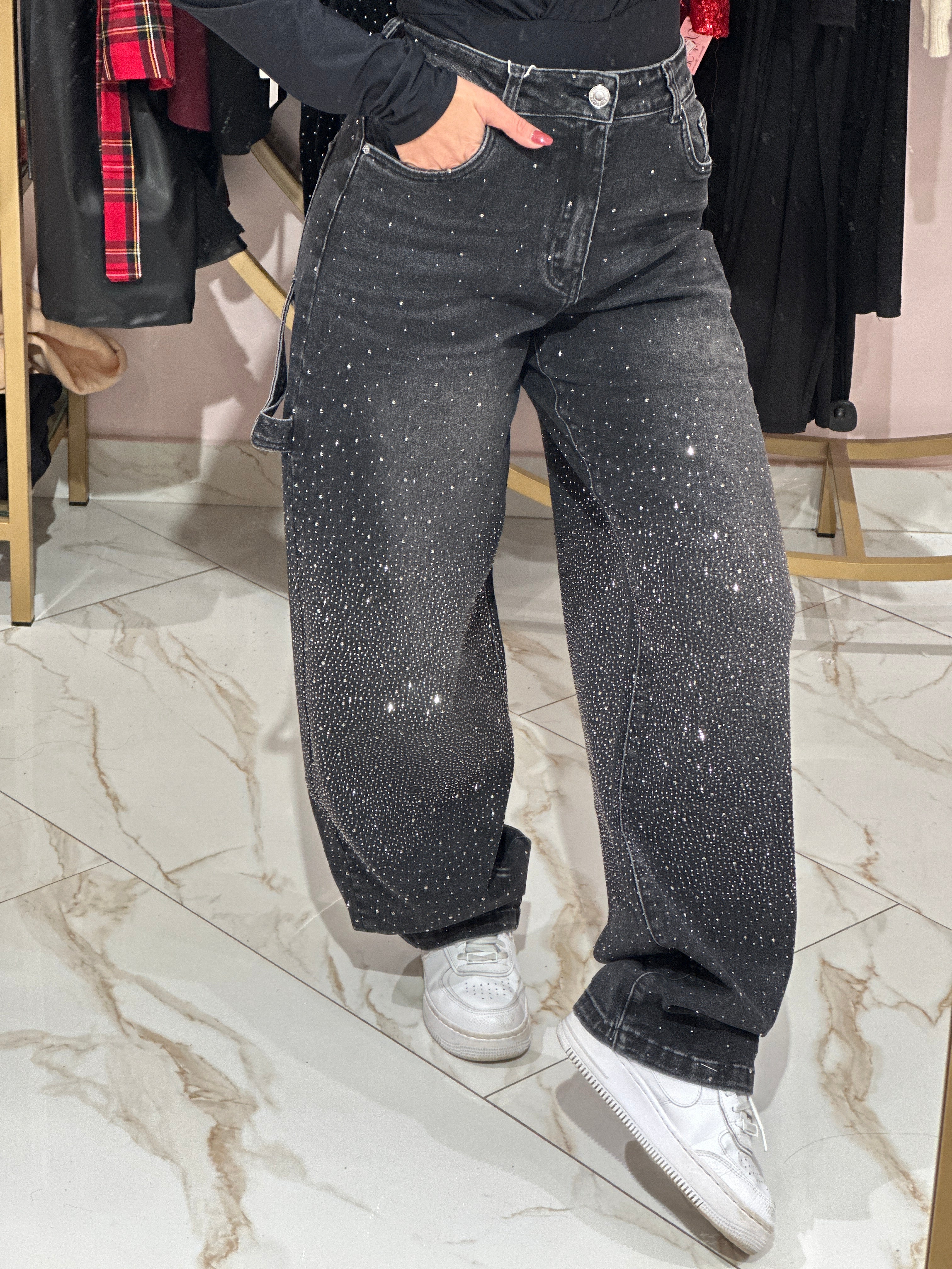 Jeans Baggy Strass Nero