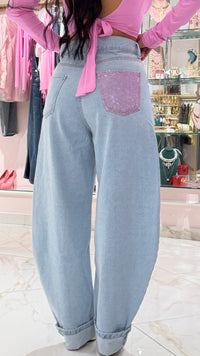 Jeans Balloon Naomi Tasca Strass Rosa