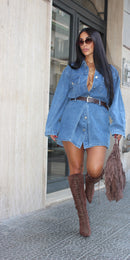 Abito Camicia Denim Con Cintura
