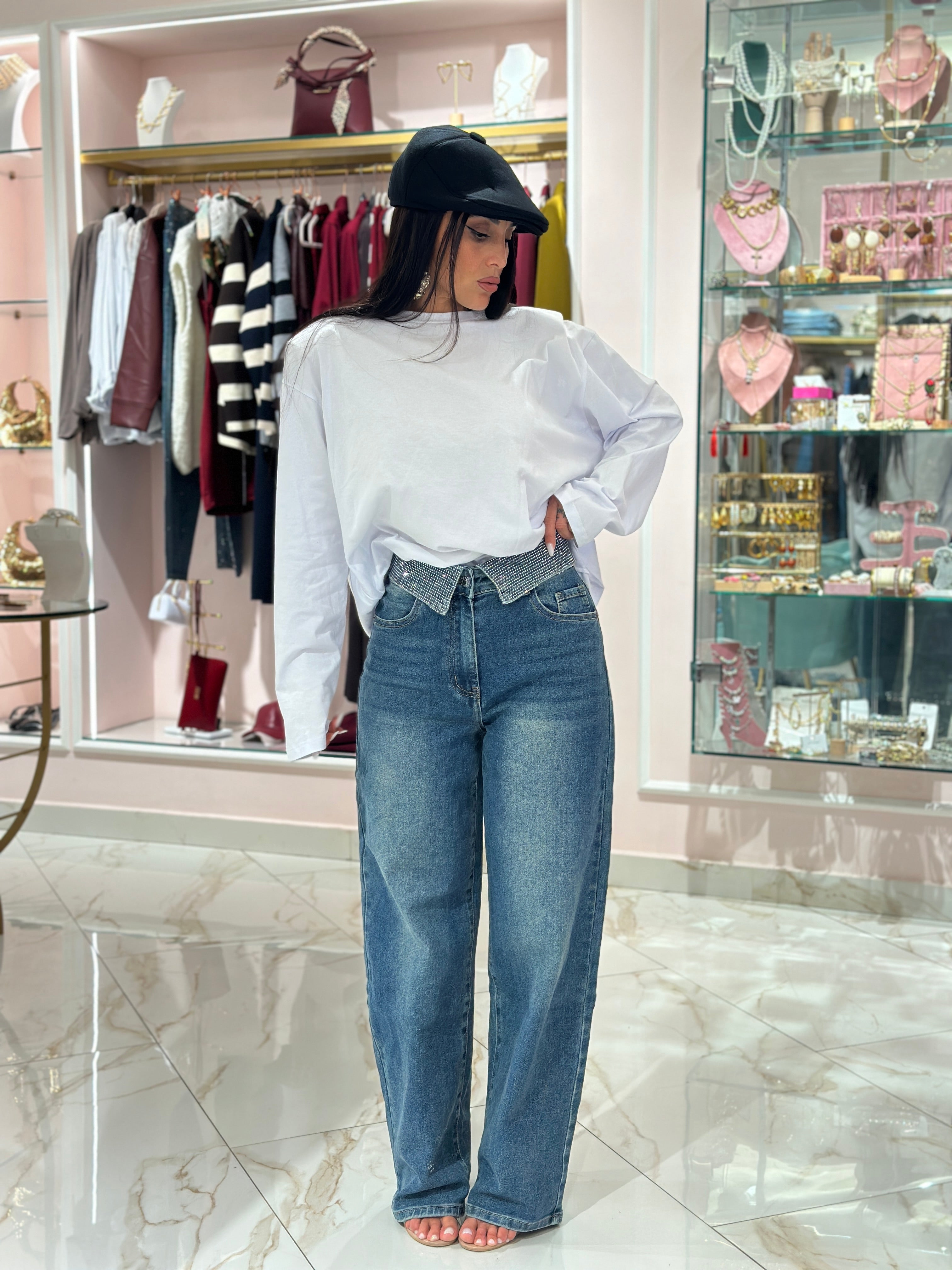 Jeans Bustino Risvolto Strass