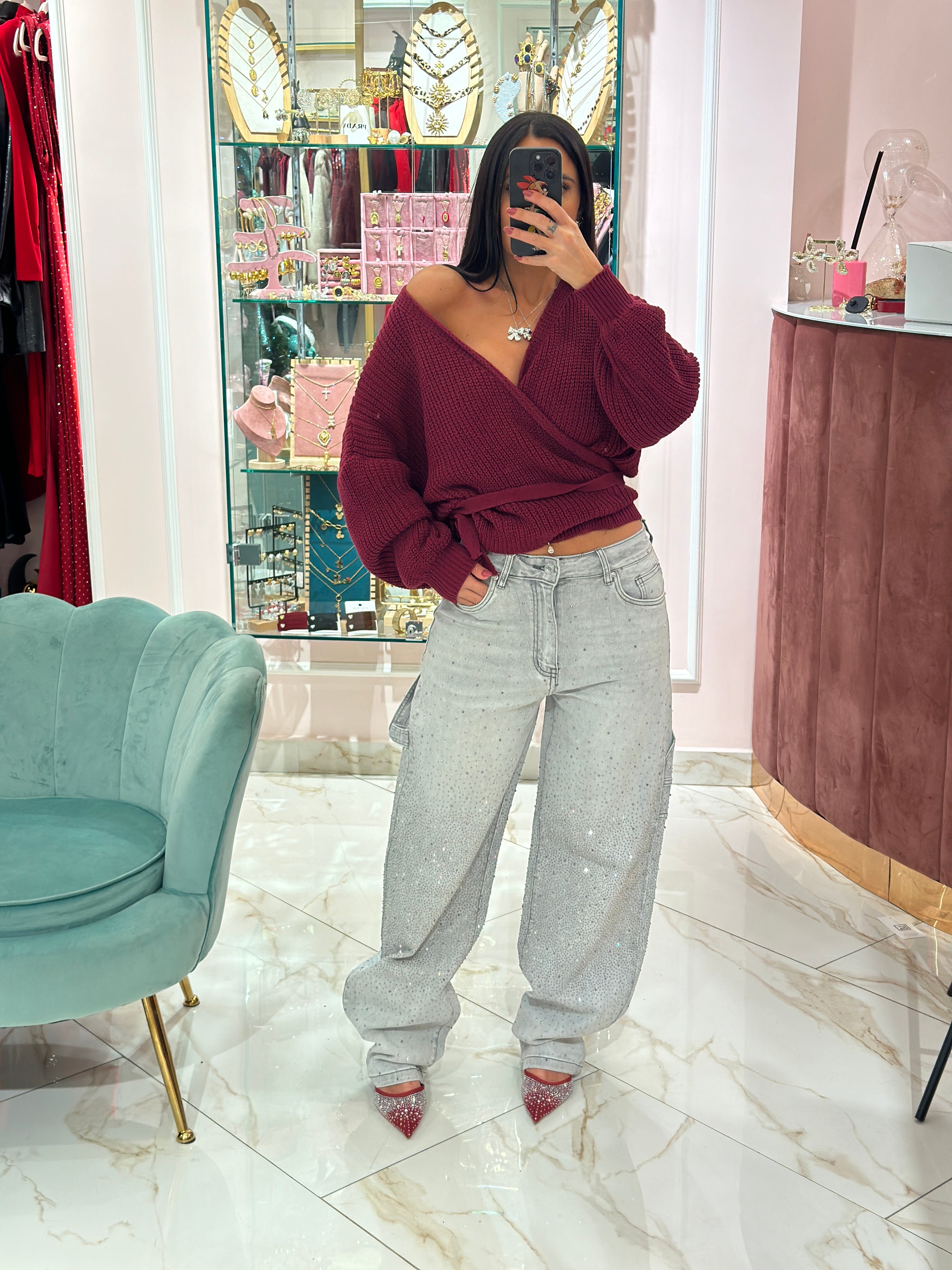 Jeans Baggy Strass Grigio