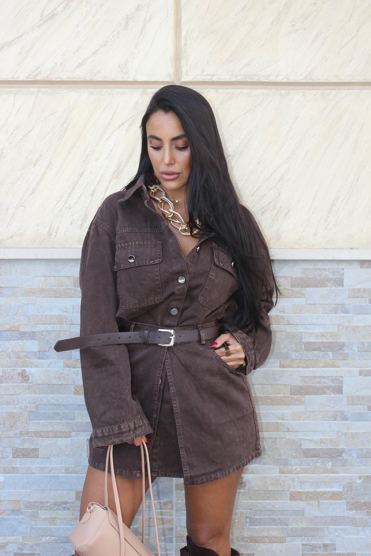 Abito Camicia Denim Con Cintura