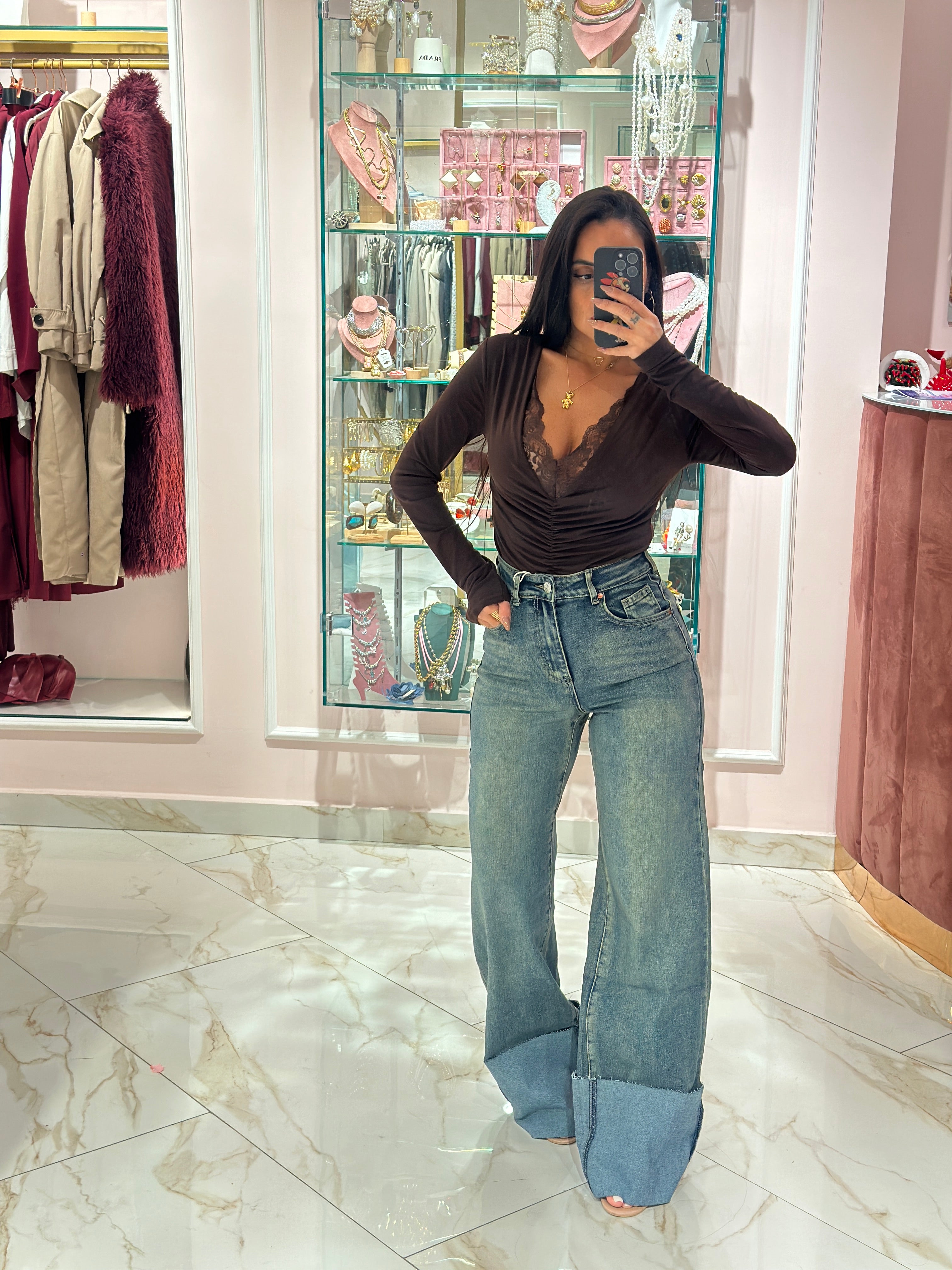 Jeans Sabbiato Risvolto Ampio